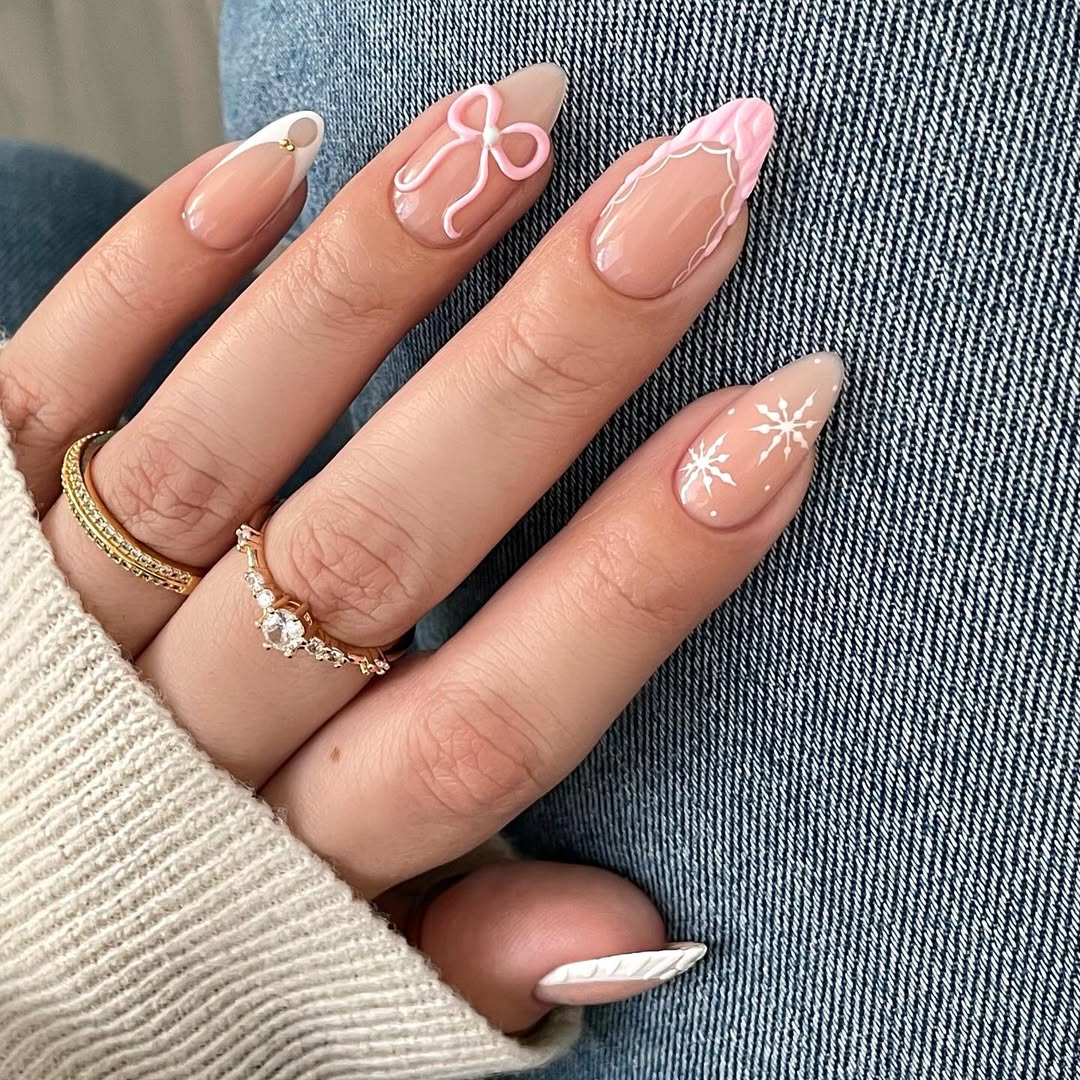 Pink Bow Lace French Almond Nails Pink Bow Lace French Almond Nails — Classy Winter Nails