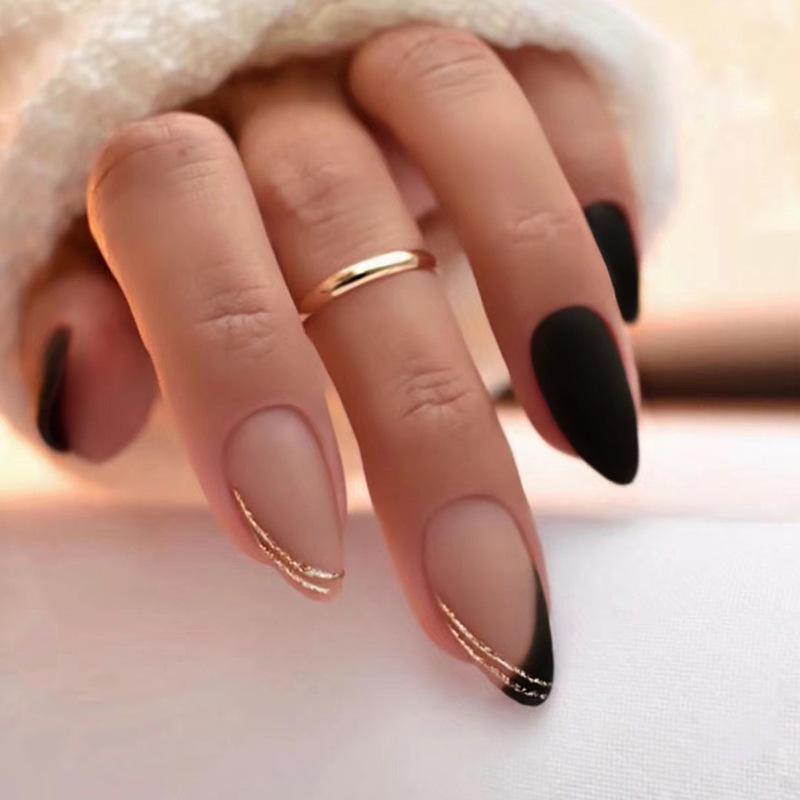 Refined Black French Tip with Gold Accents Refined Black French Tip with Gold Accents — Winter Black Nails
