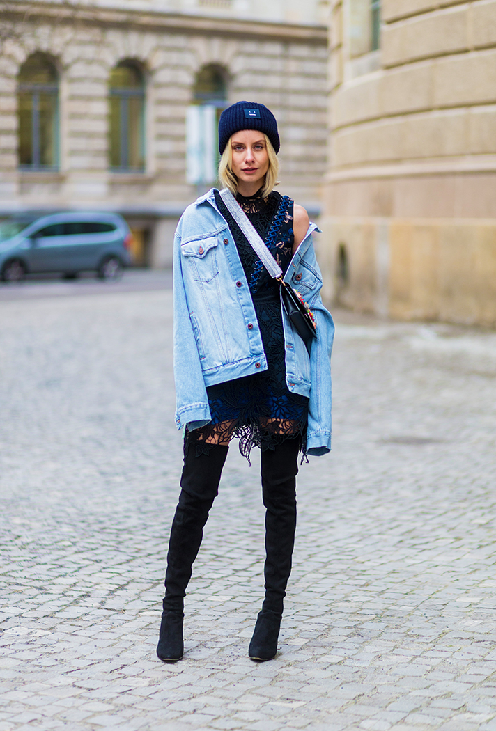Chic Evening: Navy Beanie with Lace Dress and Denim Jacket Chic Evening: Navy Beanie with Lace Dress and Denim Jacket — Beanie Outfits