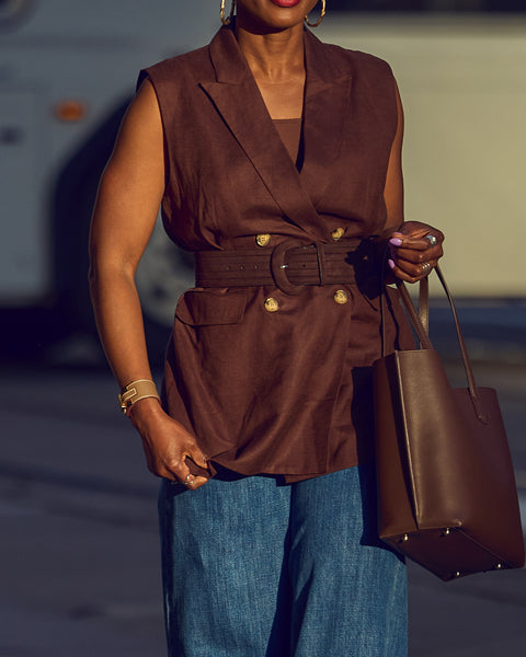 Sharp Silhouette: Chocolate Brown Vest and Denim for Daytime Style — Chocolate Brown Outfits