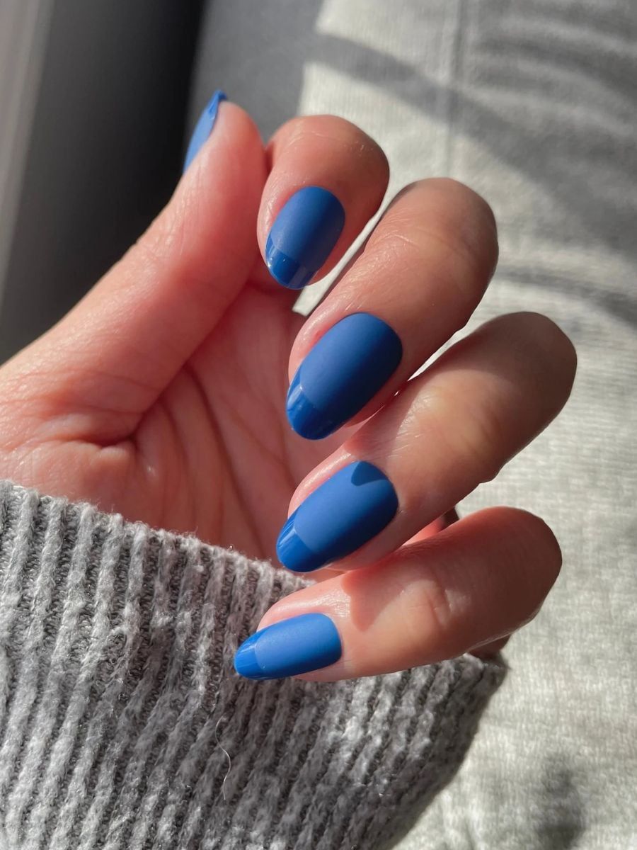 Matte & Glossy Blue French Tips — Winter Nail Colors for Pale Skin