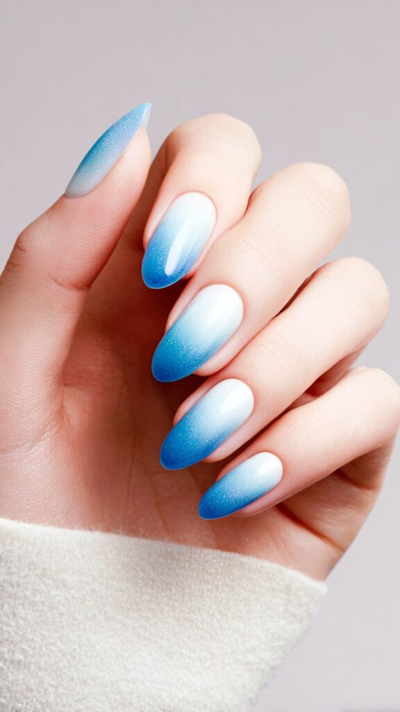 Vibrant Blue to White Gradient Almond Nails — Icy Blue Nails