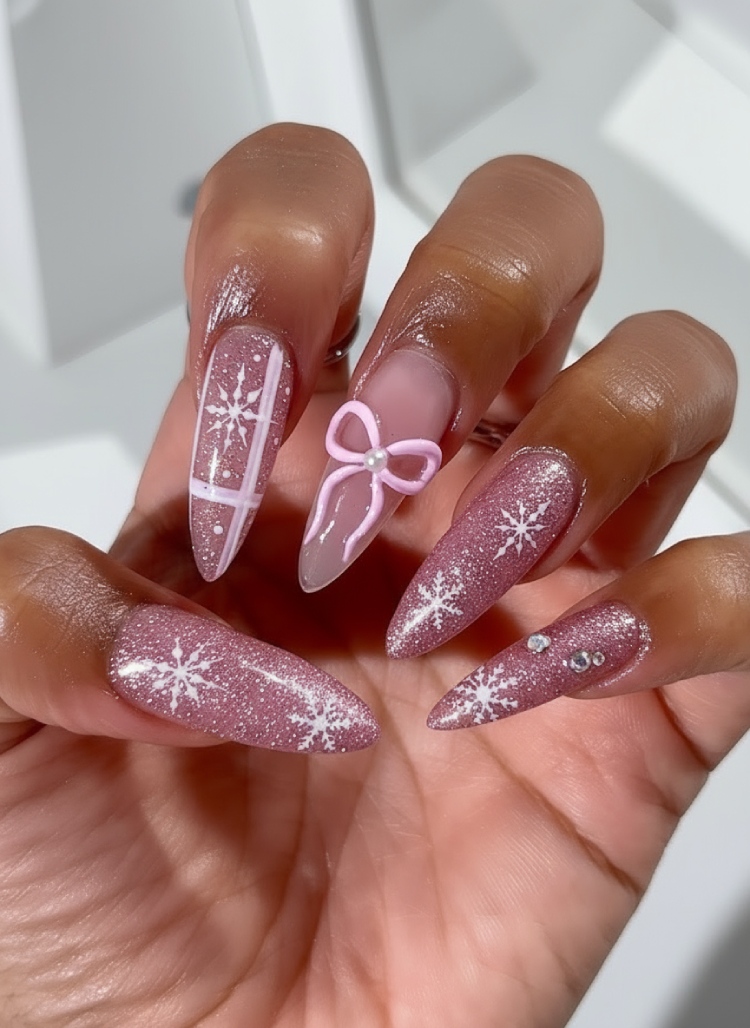 Rose Gold Glitter with 3D Bow & Snowflakes Rose Gold Glitter with 3D Bow & Snowflakes — Winter Pink Nails