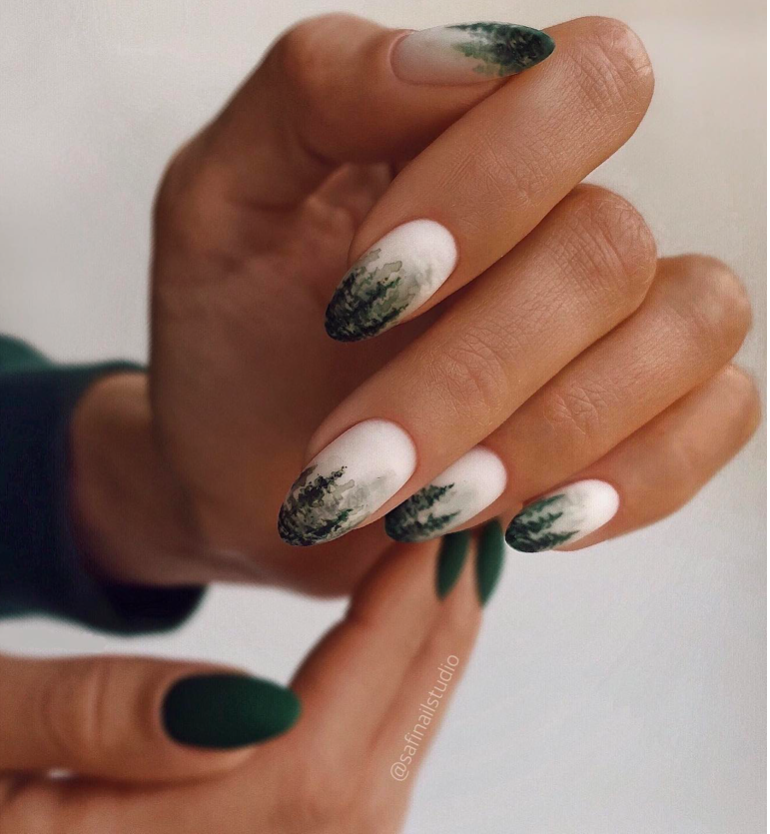 Matte Forest Landscape Watercolor — Dark Winter Nails