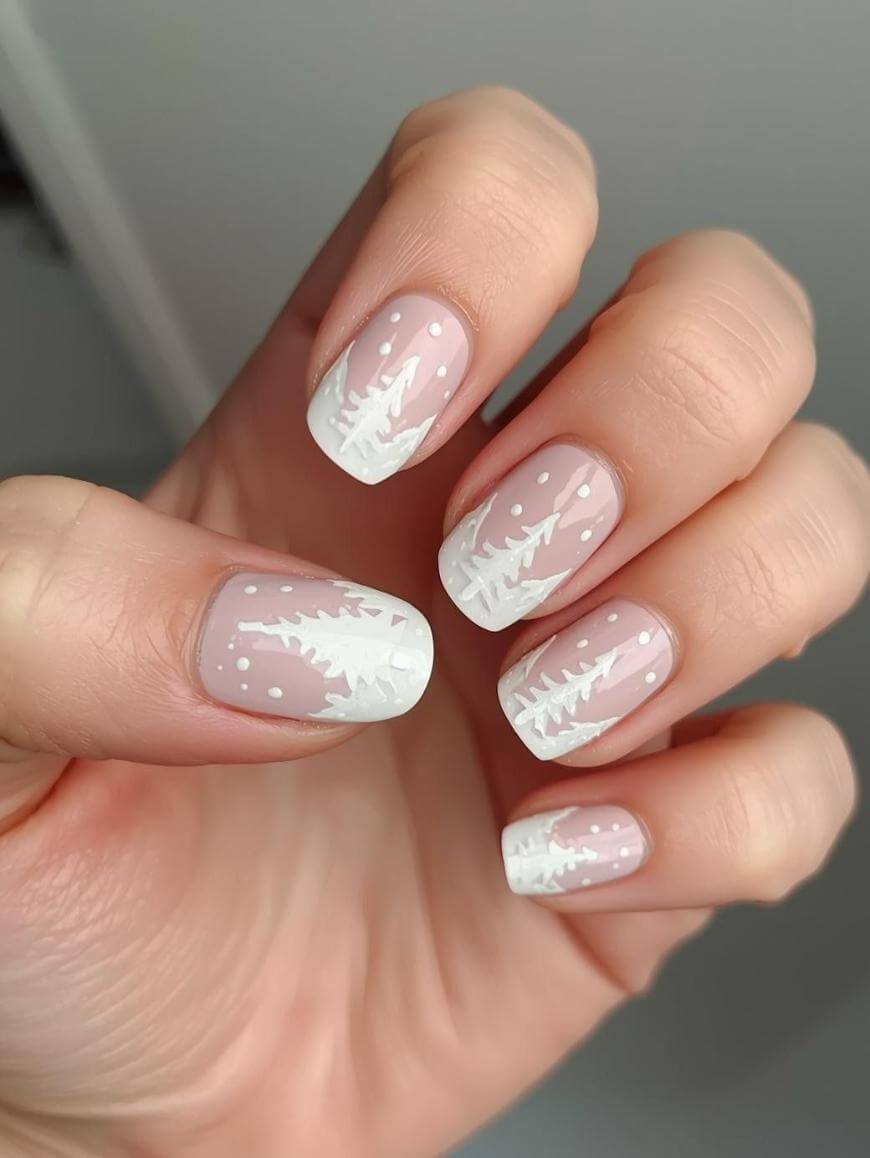 Short Square Nails with White Winter Trees — Winter White Nails