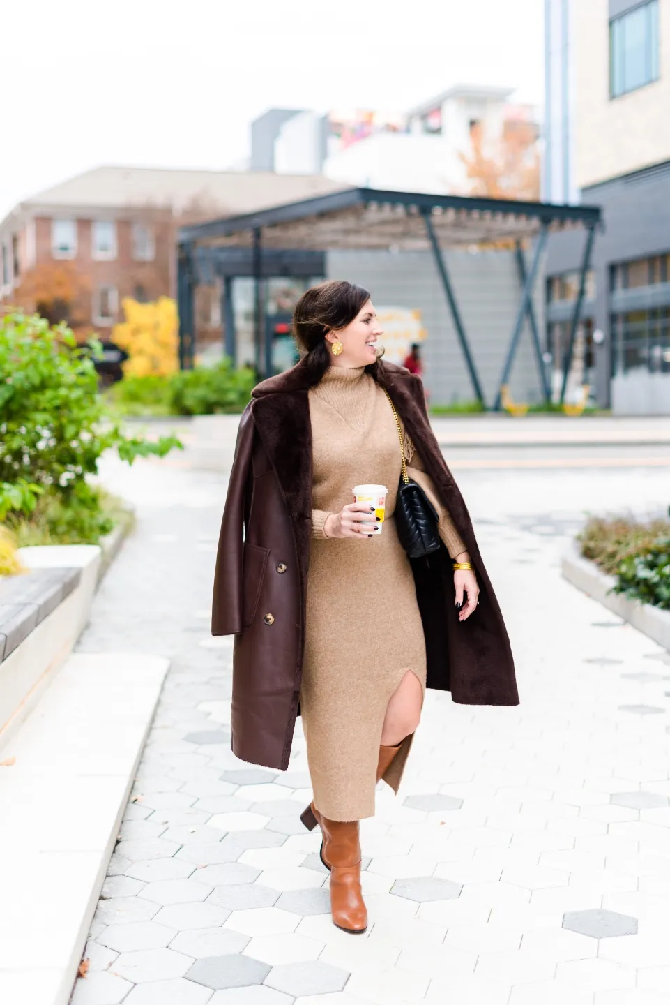 Shearling-Lined Coat Over Knit Midi Dress Shearling-Lined Coat Over Knit Midi Dress — January Outfits