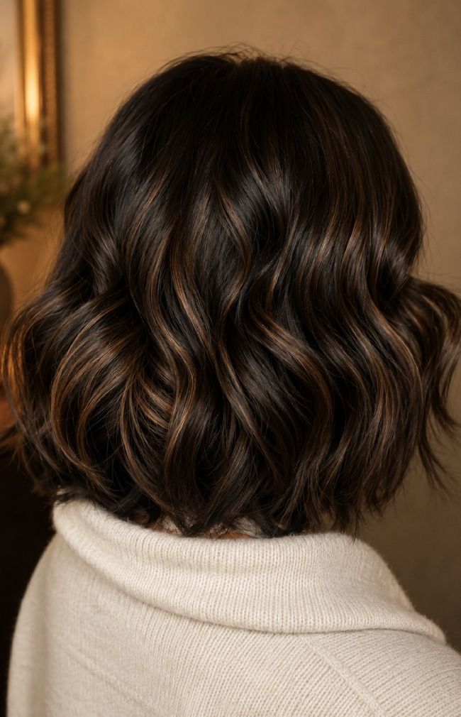 Collarbone Dark Chocolate Bob With Caramel Highlights Collarbone Dark Chocolate Bob With Caramel Highlights — Dark Chocolate Brown Hair