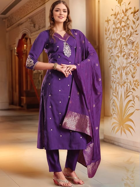 Festive Royal Purple Straight Kurta with Gold Embroidery — Royal Purple Outfits
