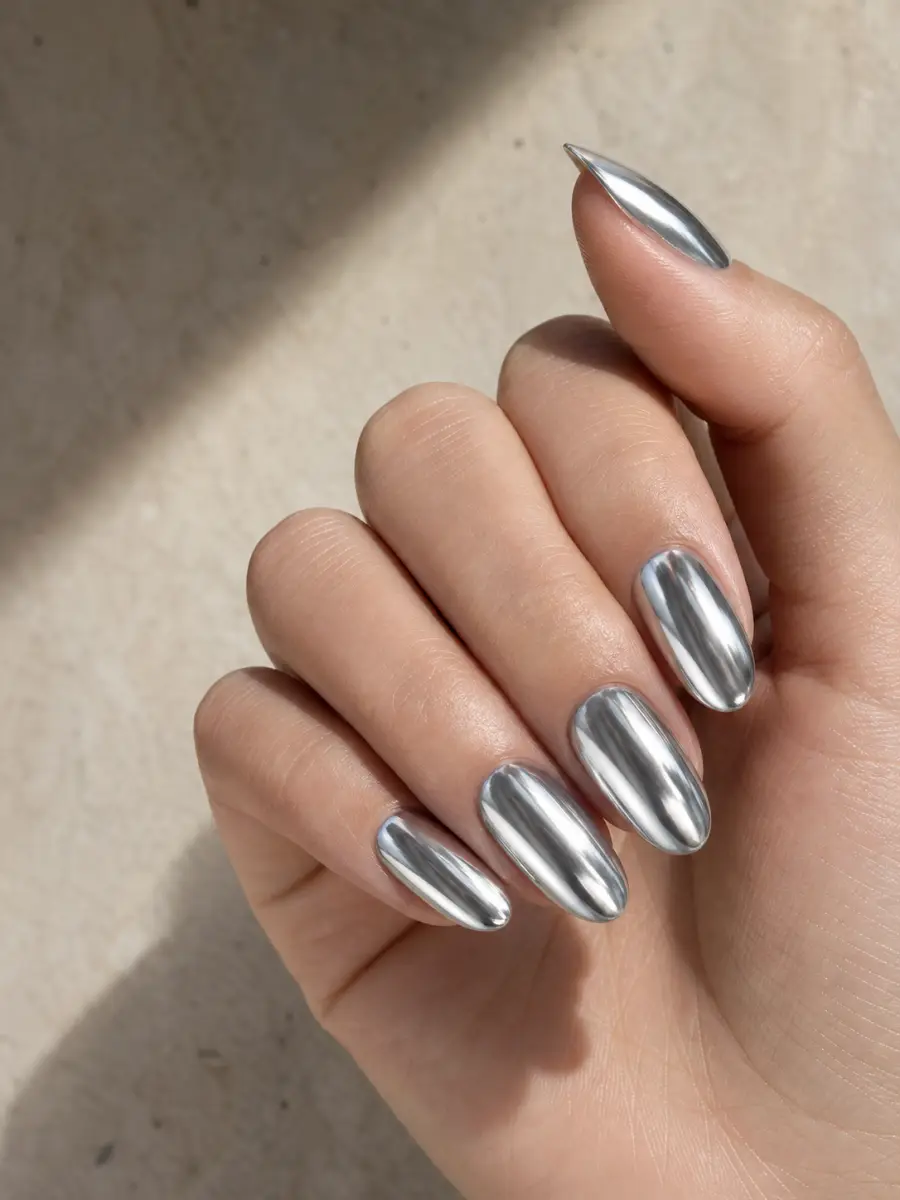 Full Coverage Silver Chrome Medium Oval Nails Full Coverage Silver Chrome Medium Oval Nails — Silver Chrome Nails