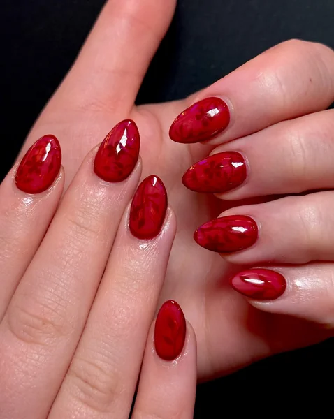 Vibrant Cherry Red Oval Nails with Motifs Vibrant Cherry Red Oval Nails with Motifs — Cherry Red Nails