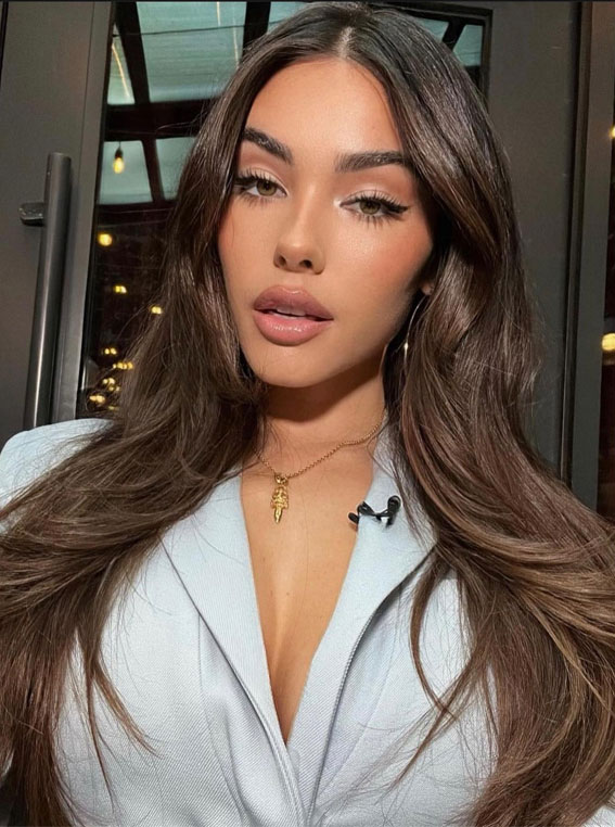 Medium Brown With Warm Blonde Curtain Bangs — Winter Hair Colors for Brown Eyes