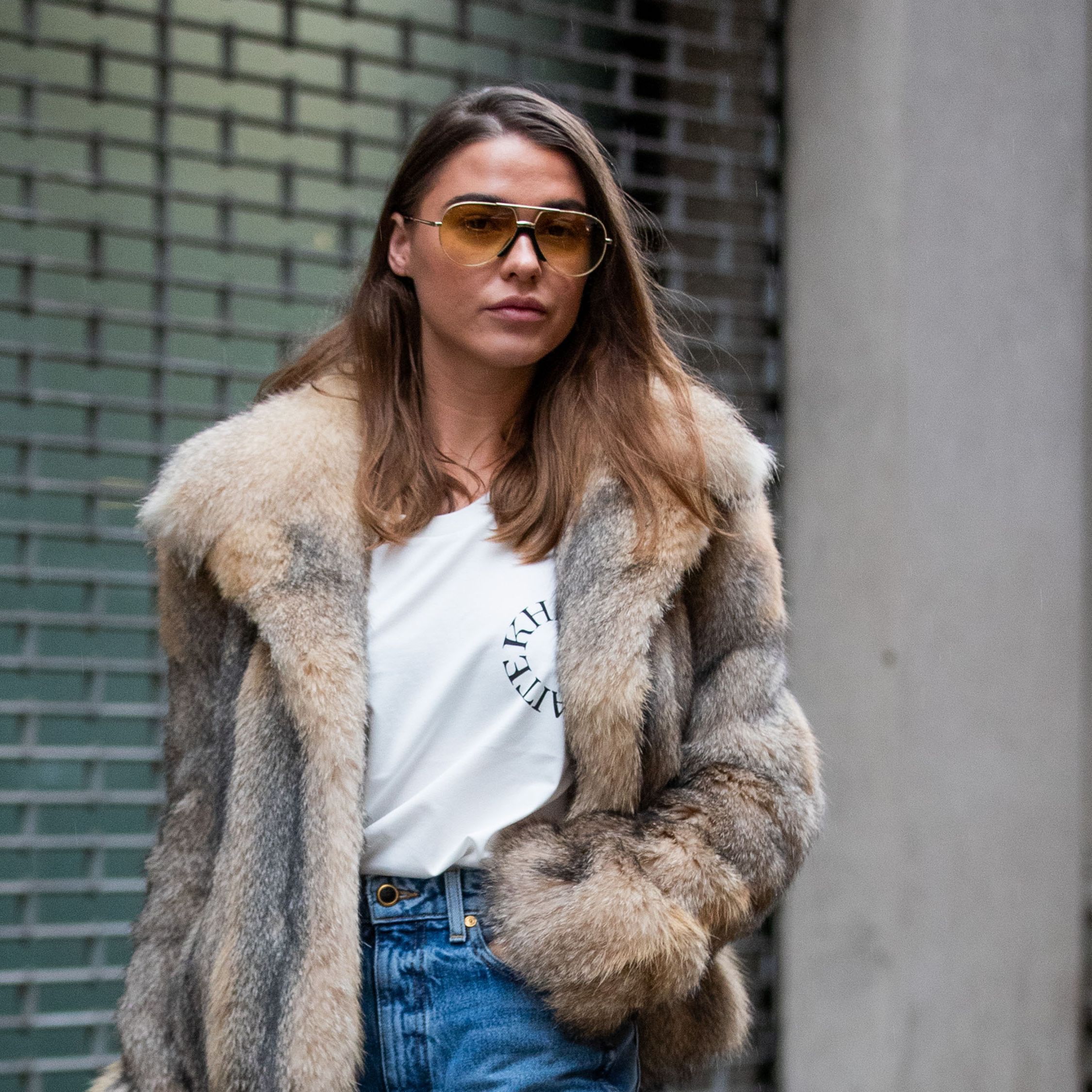 Multi-Toned Faux Fur Coat with Graphic Tee — Faux Fur Coat Outfits