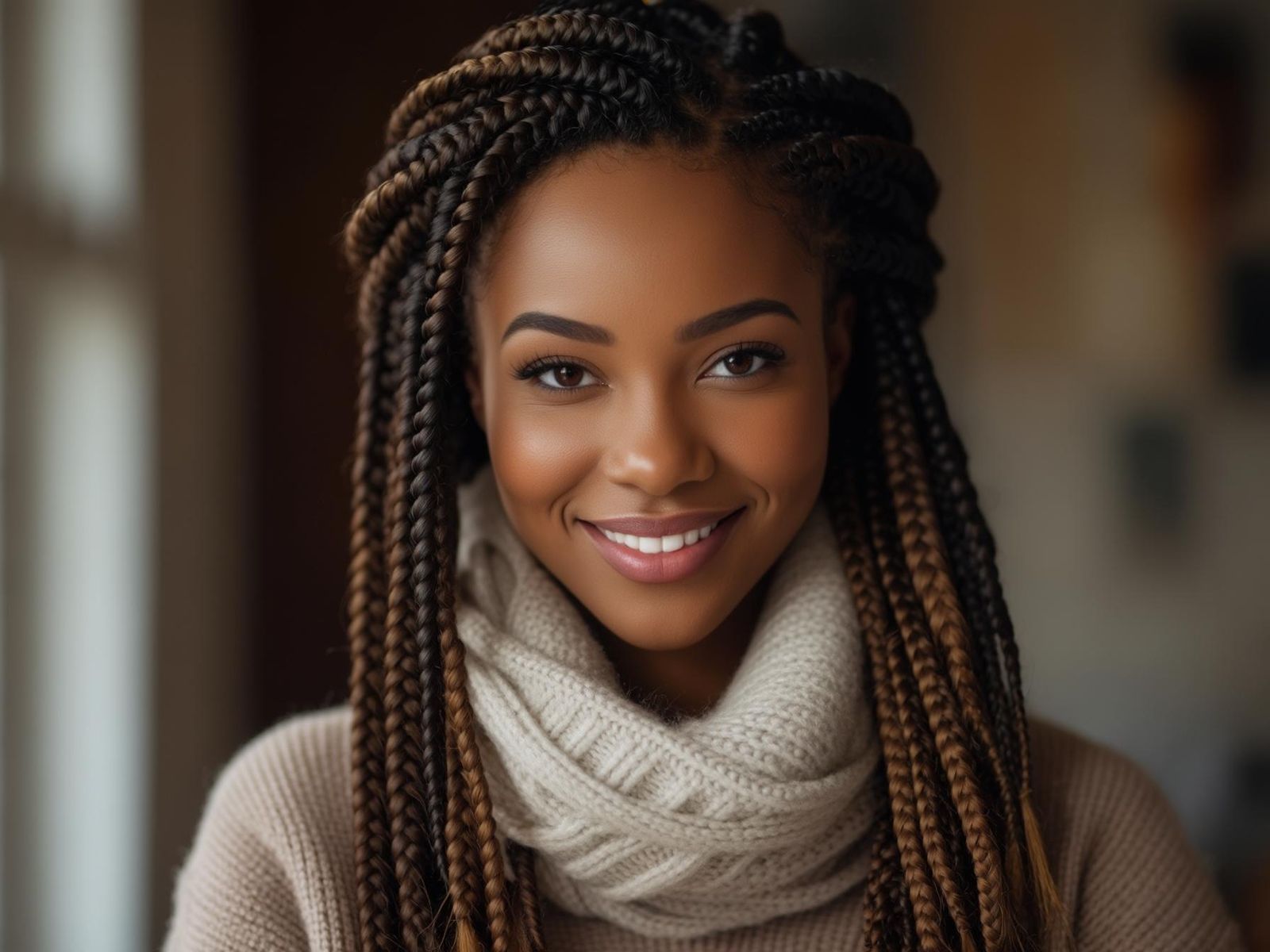 Ombre Box Braids with Curly Ends Ombre Box Braids with Curly Ends — Winter Hairstyles with Scarf