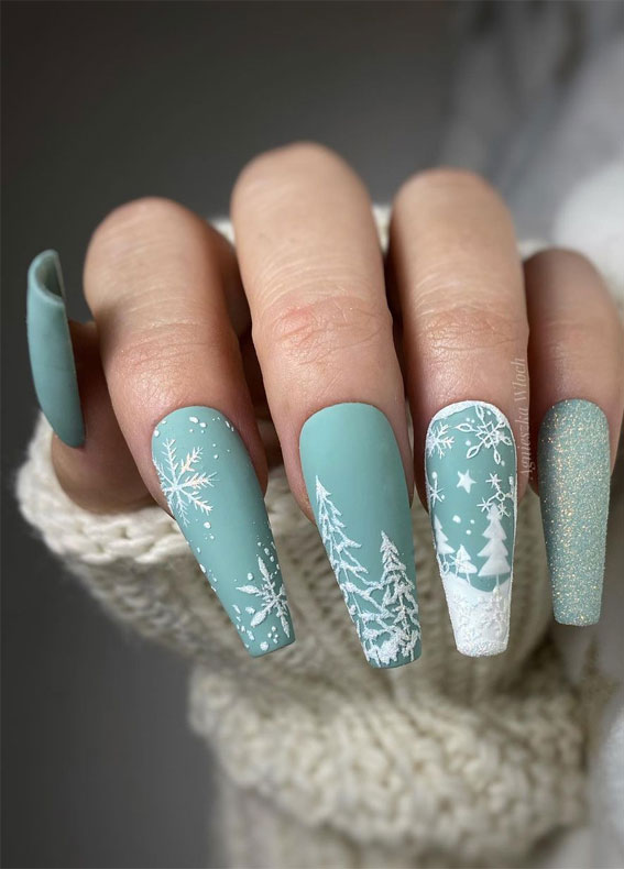 Matte Teal Winter Forest Scene Coffin Nails Matte Teal Winter Forest Scene Coffin Nails — Winter Coffin Nails