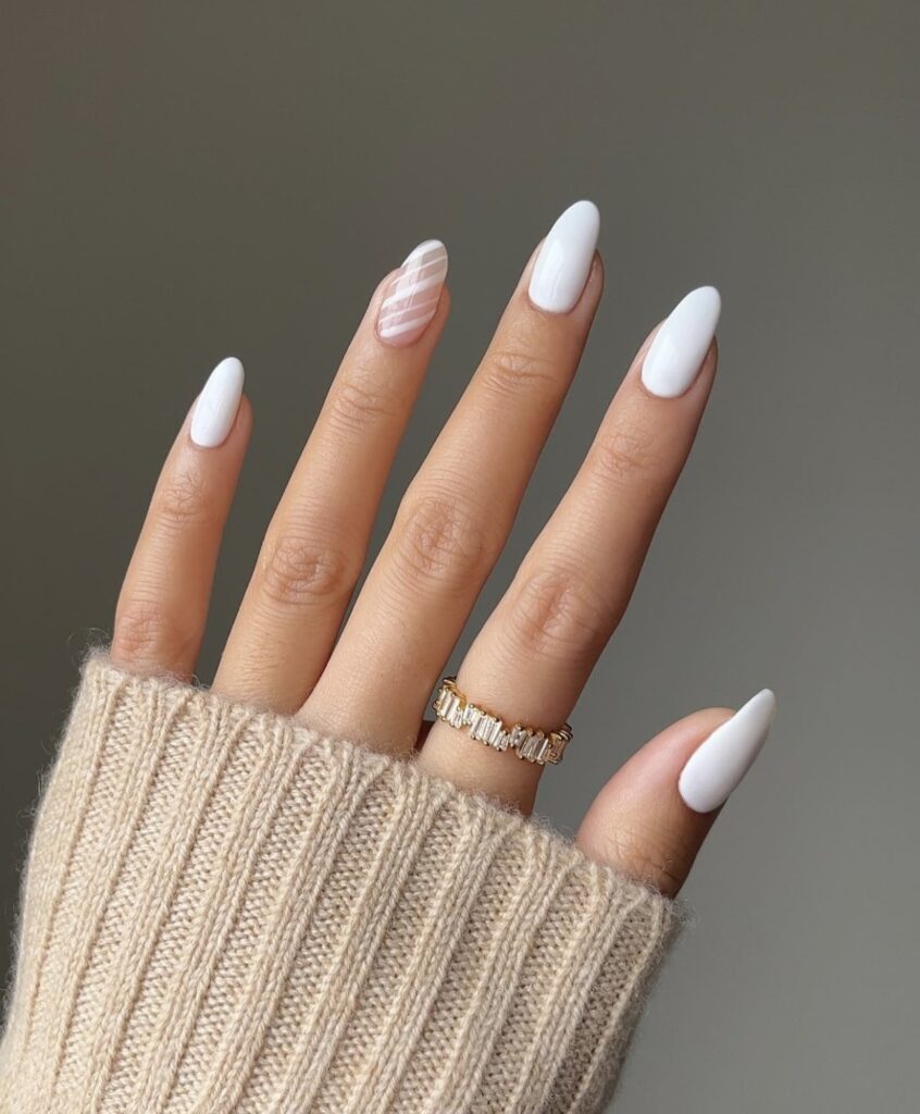 White Diagonal Lines Almond Nails — Short Winter Almond Nails