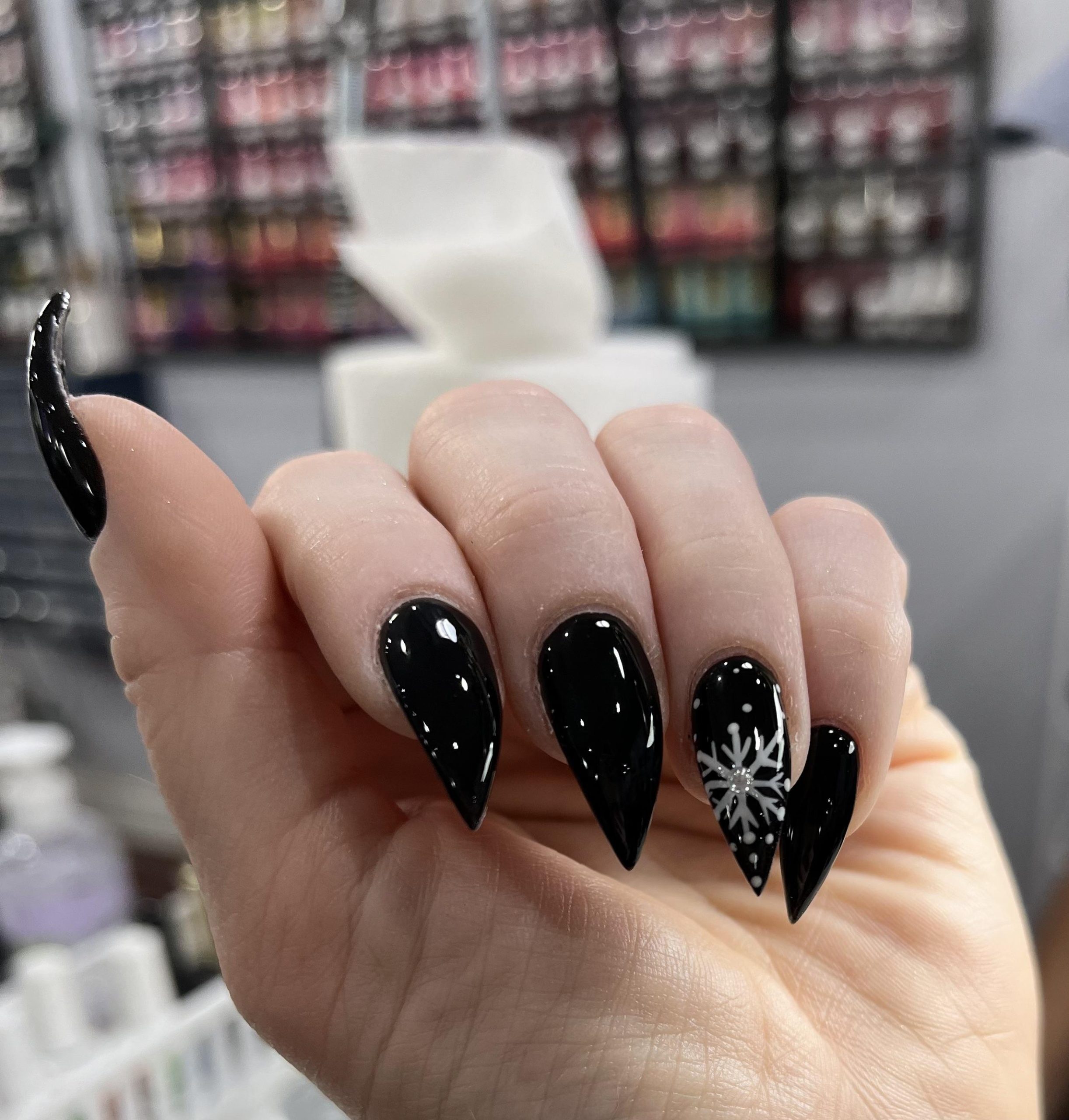 Glossy Black Snowflake Stiletto Glossy Black Snowflake Stiletto — Winter Acrylic Nails