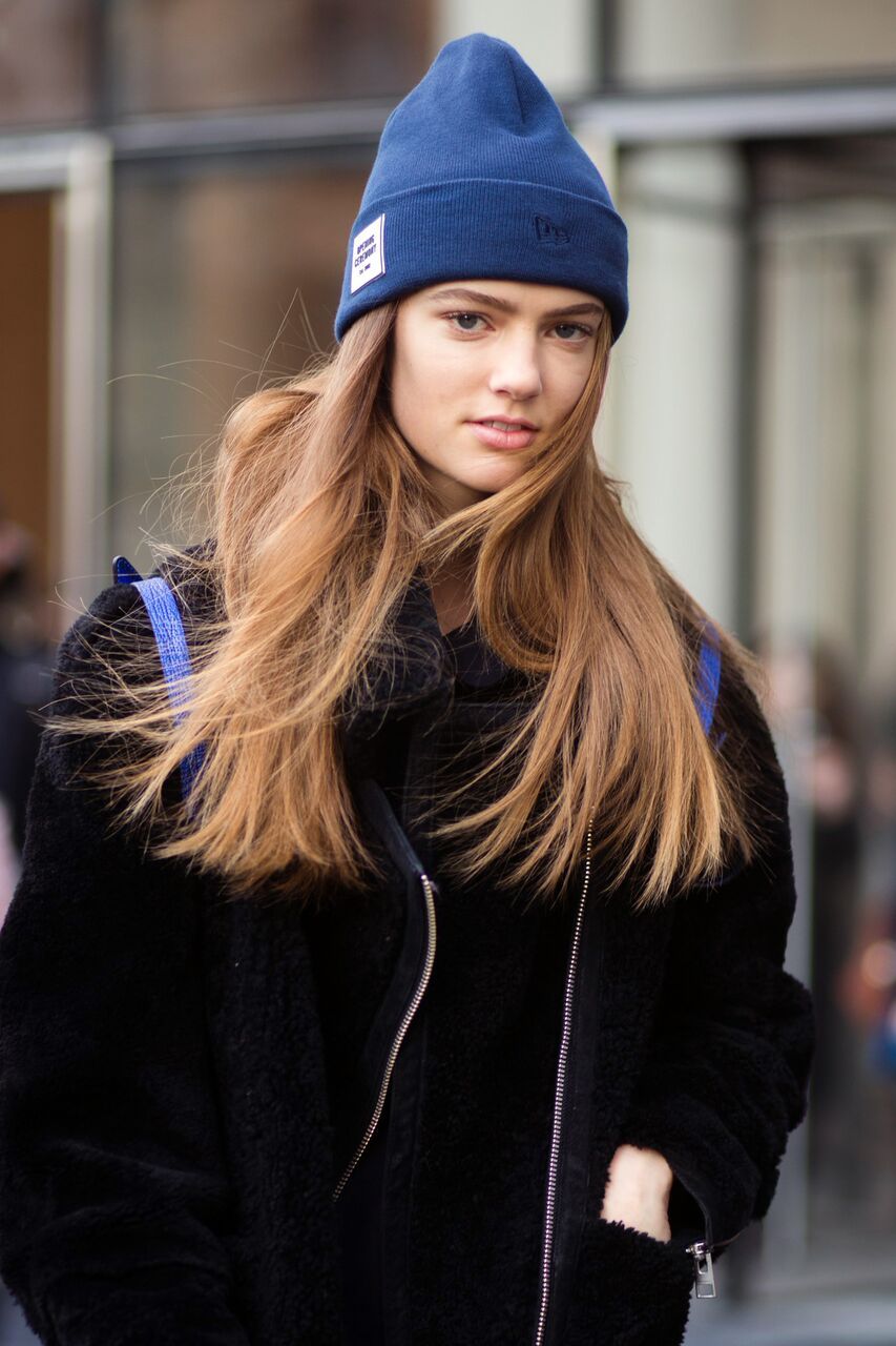 Medium Brown Blowout With Blue Beanie Medium Brown Blowout With Blue Beanie — Winter Hat Hairstyles
