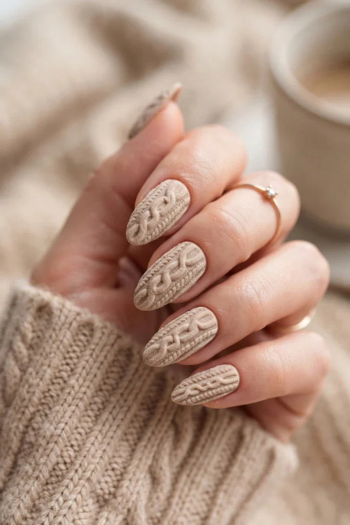 Long Oval Matte Cable Knit Texture Long Oval Matte Cable Knit Texture — Winter Nude Nails