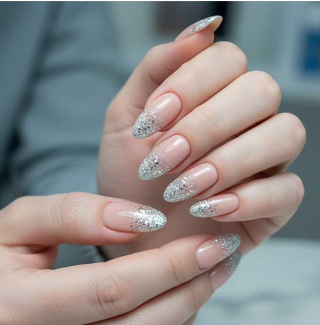 Medium Oval Nude Silver Glitter Gradient Medium Oval Nude Silver Glitter Gradient — Winter Oval Nails