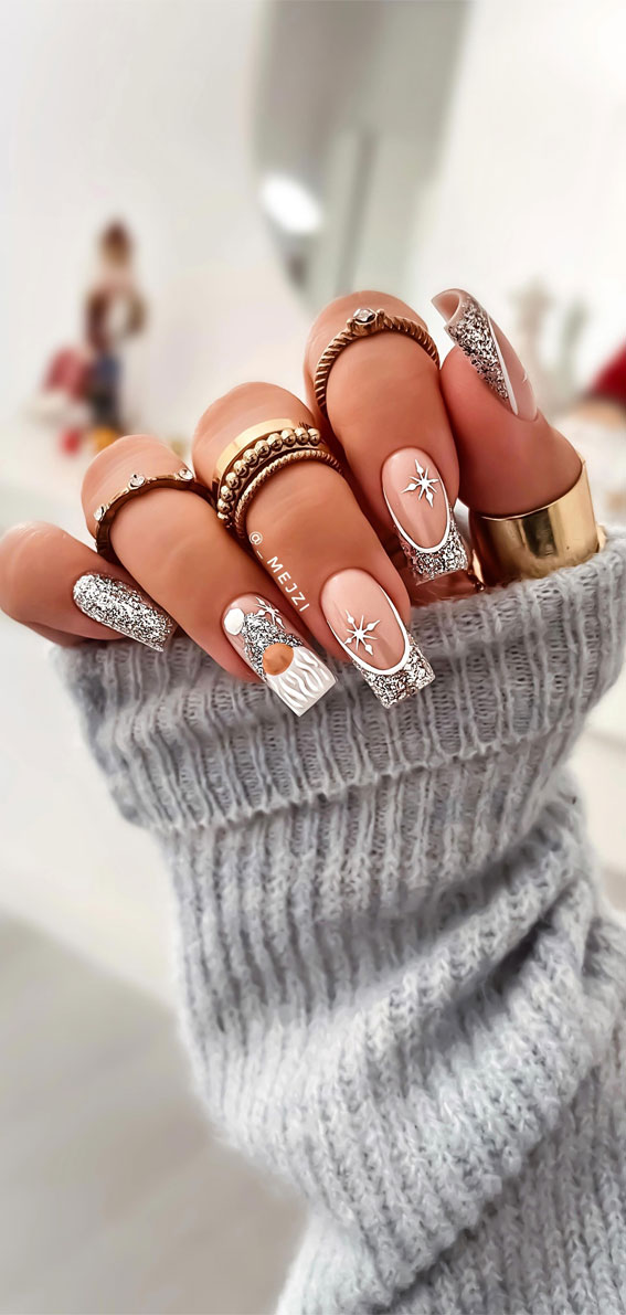 Long Square Nude Glitter French Snowflake Long Square Nude Glitter French Snowflake — Winter Square Nails