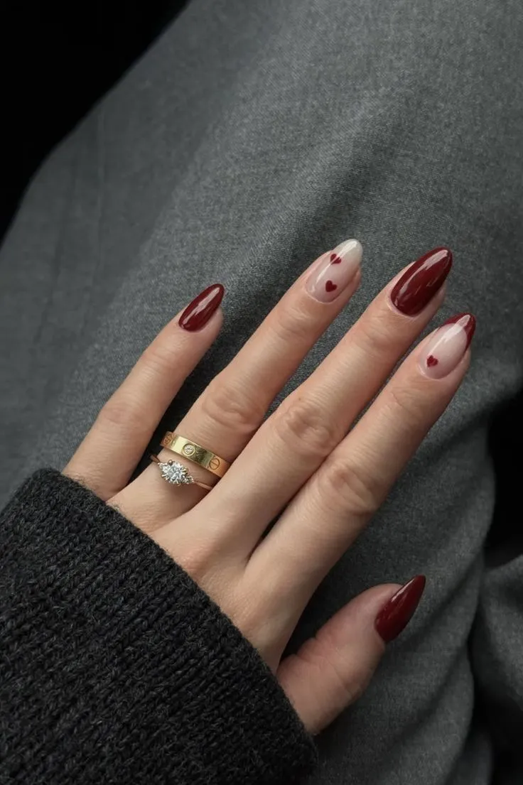 Subtle Dark Red Heart Outline Almond Nails — Burgundy Nails
