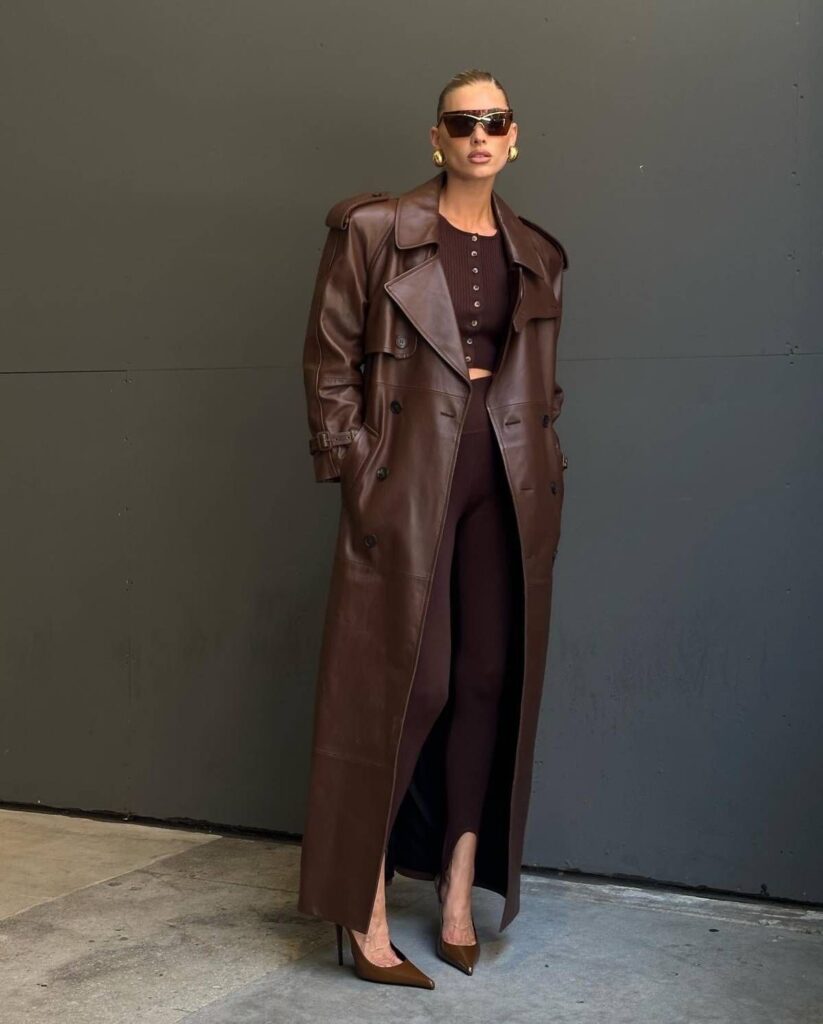 Statement Outerwear: Chocolate Brown Leather Trench Coat Ensemble — Chocolate Brown Outfits