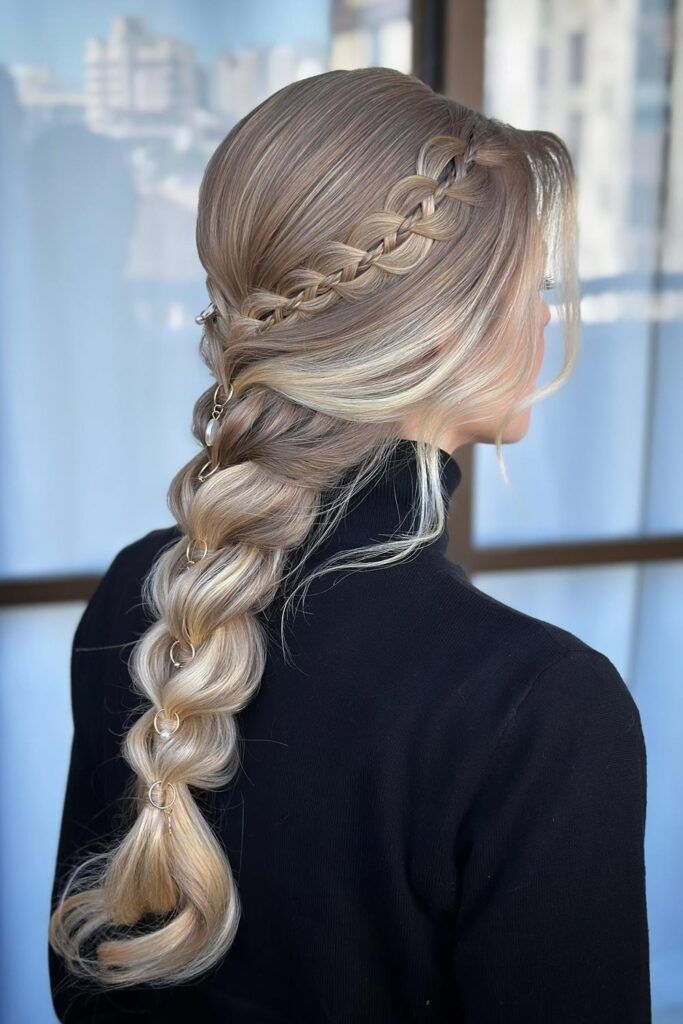 Ash Blonde Complex Braid with Pearl Embellishments — Winter Party Hairstyles