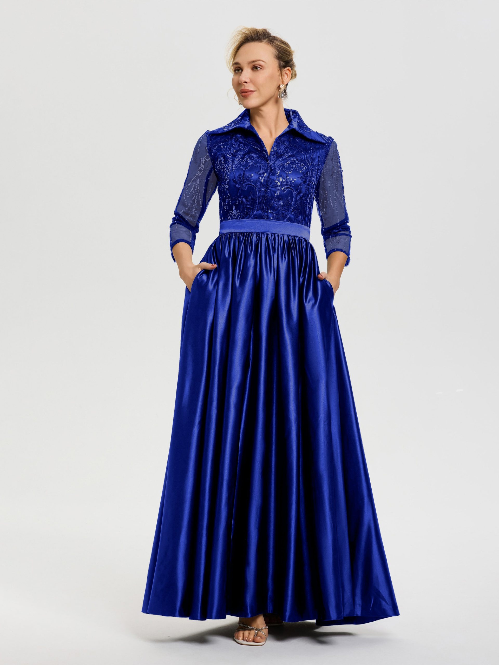 Royal Blue Shirt Dress with Embellished Satin Skirt — Royal Purple Outfits