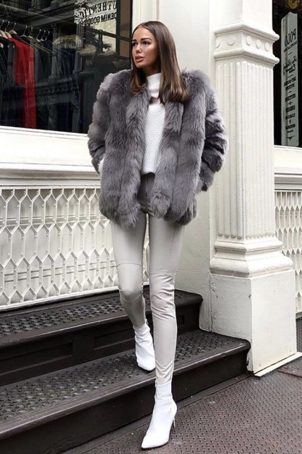 Fluffy White Faux Fur Coat with All-Black Base — Faux Fur Coat Outfits