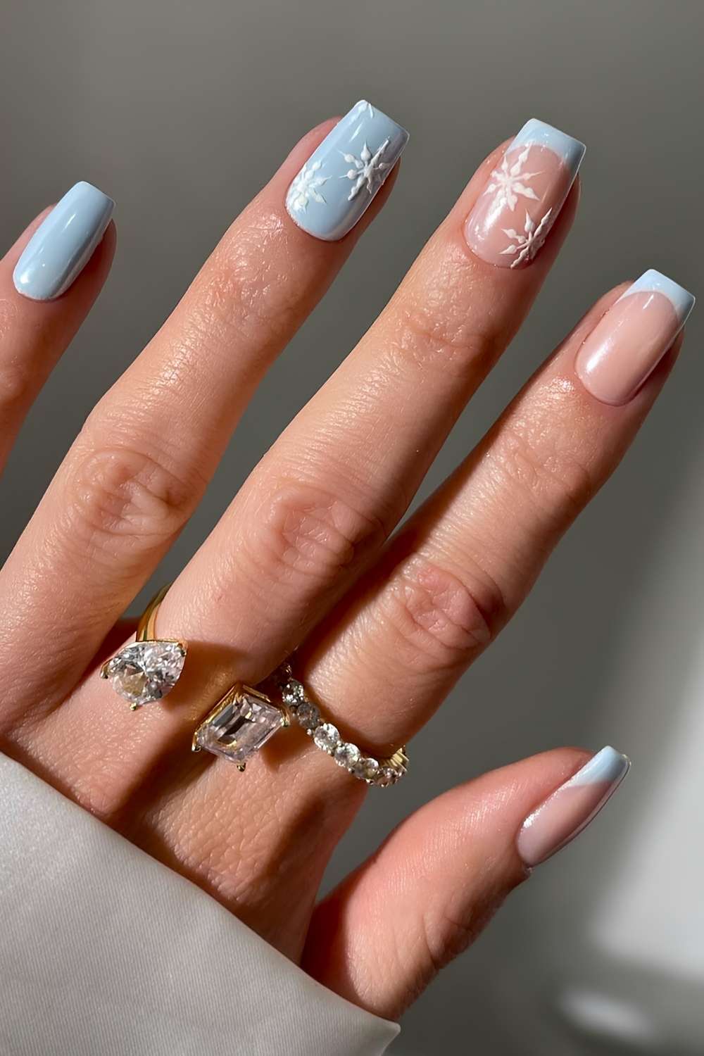 Short Square Snowflake French Tips — Icy Blue Nails