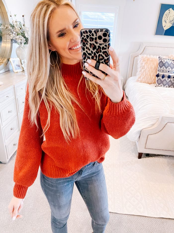 Rust-Orange Mock Neck Sweater with Fitted Jeans Rust-Orange Mock Neck Sweater with Fitted Jeans — Winter Outfits for Moms