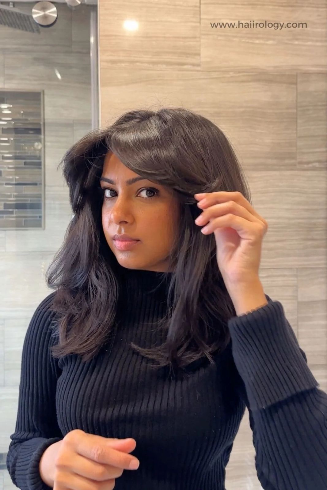 Collarbone Thick Dark Brown Layers With Voluminous Curtain Bangs — Winter Haircuts with Bangs