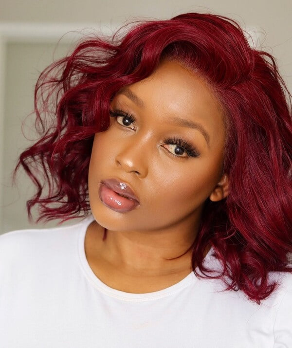 Chin-Length Wavy Burgundy Bob Chin-Length Wavy Burgundy Bob — Burgundy Hair Color