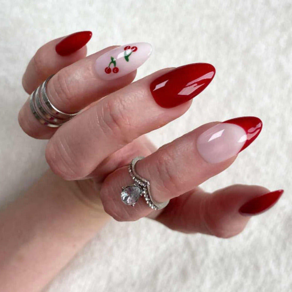 Glossy Solid Red and Cherry Art Almond Nails Glossy Solid Red and Cherry Art Almond Nails — Cherry Red Nails
