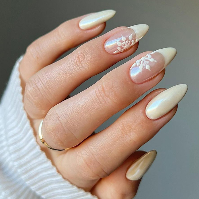 Medium Almond Pearlescent Snowflake Nails Medium Almond Pearlescent Snowflake Nails — Everyday Winter Nails