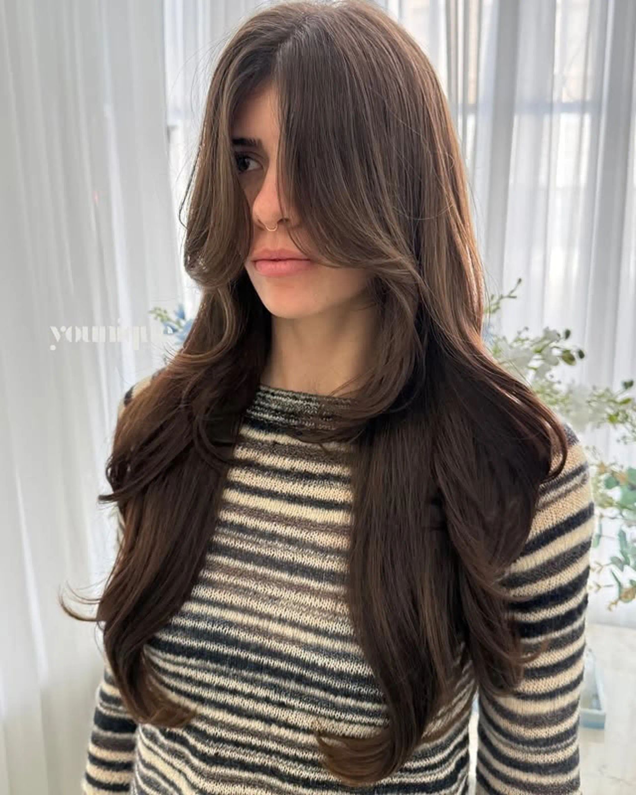 Long Layers With Blended Dark Brown — Winter Haircuts with Curtain Bangs