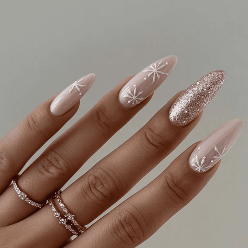 Pale Pink Almond Nails With Snowflakes and Glitter — Winter Almond Nails