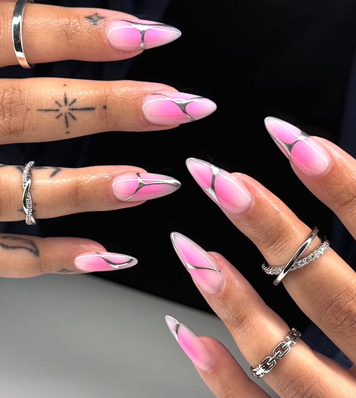 Pink Gradient Chrome Accents Stiletto Pink Gradient Chrome Accents Stiletto — Silver Chrome Nails