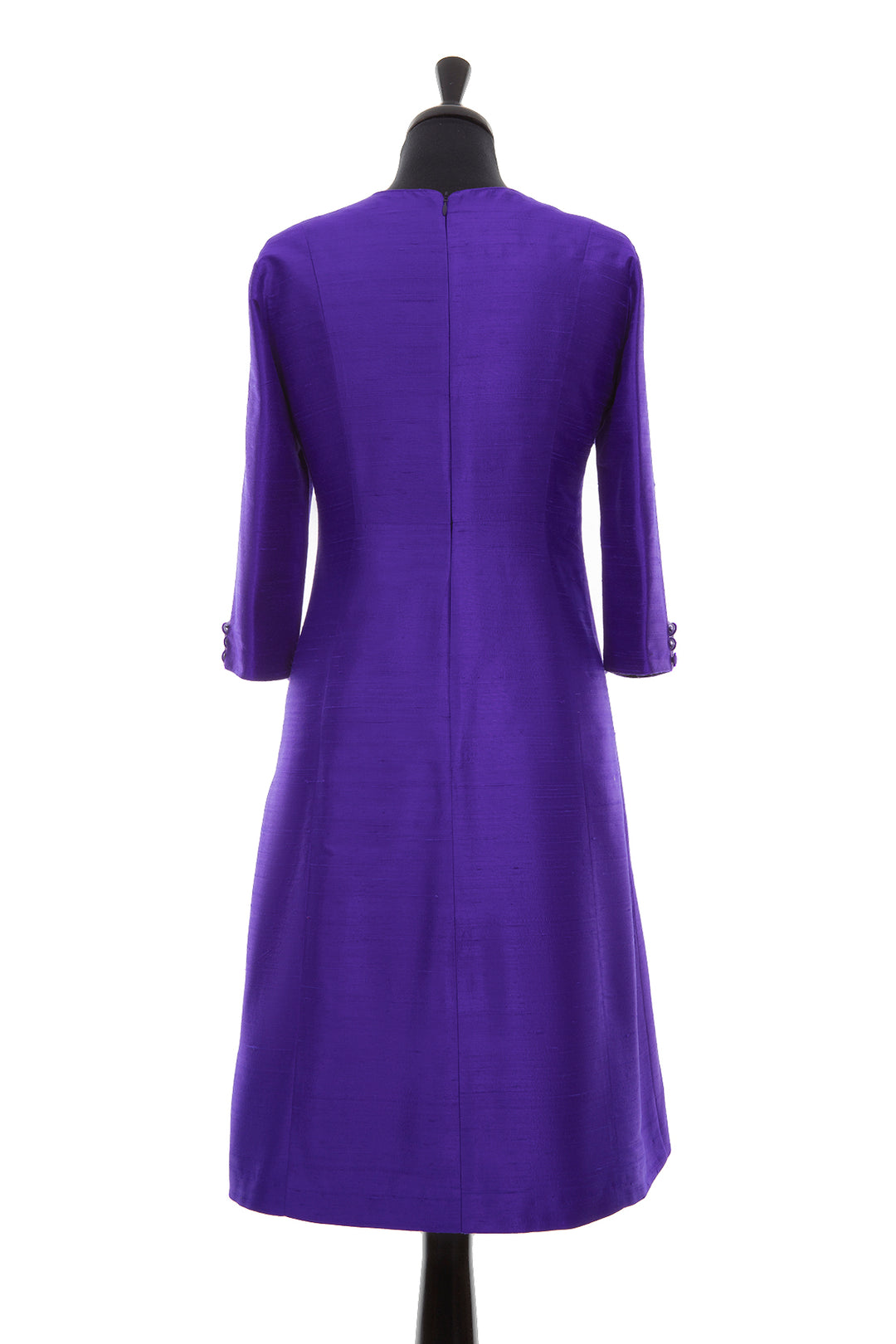 Elegant Deep Violet Silk Shift Dress with Button Cuffs — Royal Purple Outfits