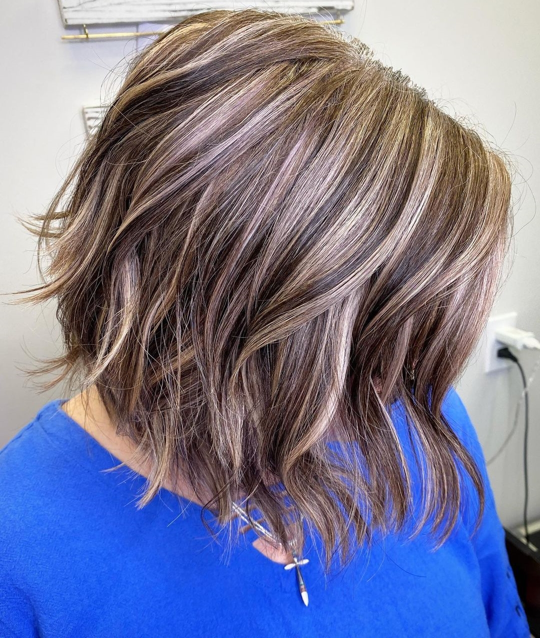 Angled Bob Ash Blonde Pink Tones — Gray Blending Highlights