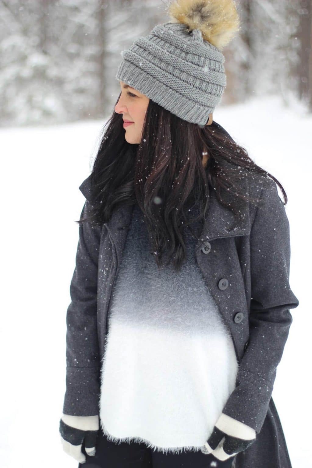 Textural Grey Coat Over Ombre Fuzzy Sweater in Falling Snow Textural Grey Coat Over Ombre Fuzzy Sweater in Falling Snow — Snow Day Outfits