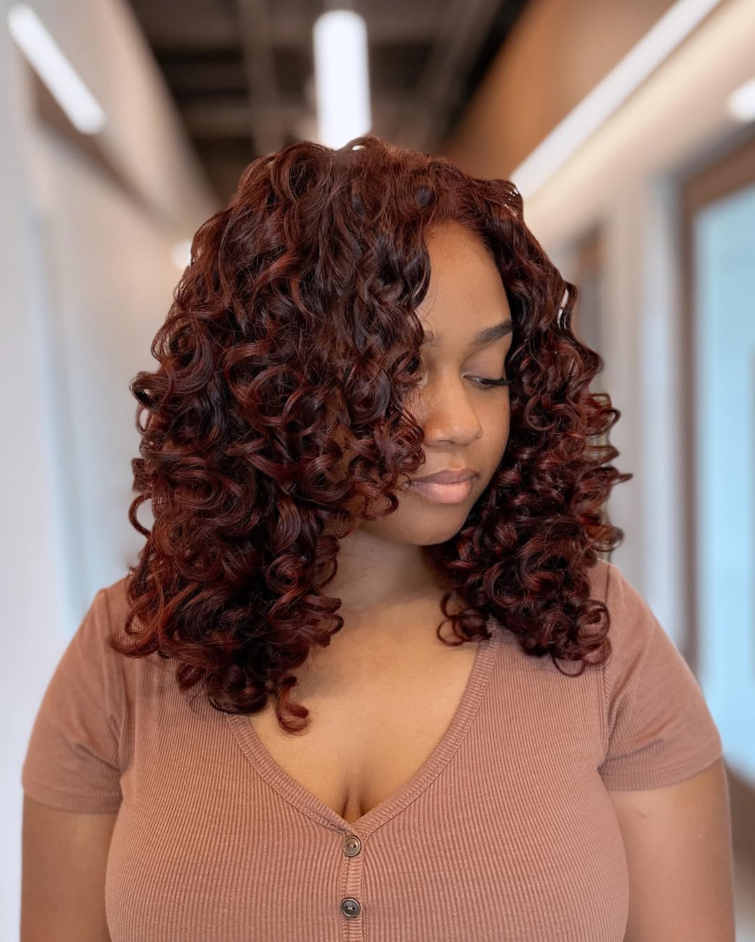 Deep Auburn Lob With Subtle Red Tones Deep Auburn Lob With Subtle Red Tones — Winter Hair Colors for Curly Hair