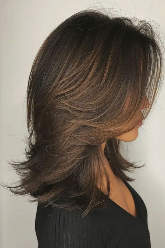 Caramel Highlighted Layered Shag Caramel Highlighted Layered Shag — Medium Length Winter Haircuts