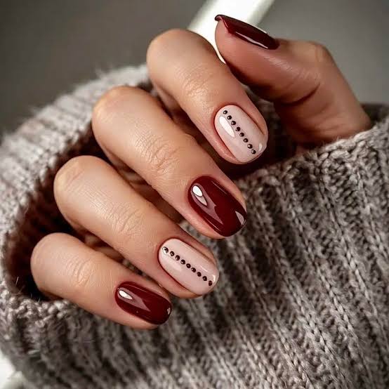Deep Red and Nude with Minimalist Dot Lines Deep Red and Nude with Minimalist Dot Lines — Winter Nail Designs