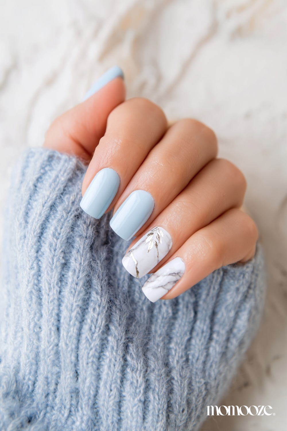 Light Blue Marble with Silver Leaf Accent — Winter Marble Nails