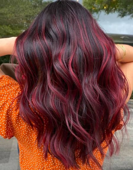 No Bangs Dark Brown with Vibrant Cherry Red Dimension — Cherry Cola Hair Color