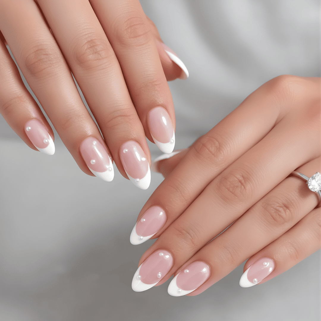 Pearl Speckled French Almond Nails — Winter Almond Nails