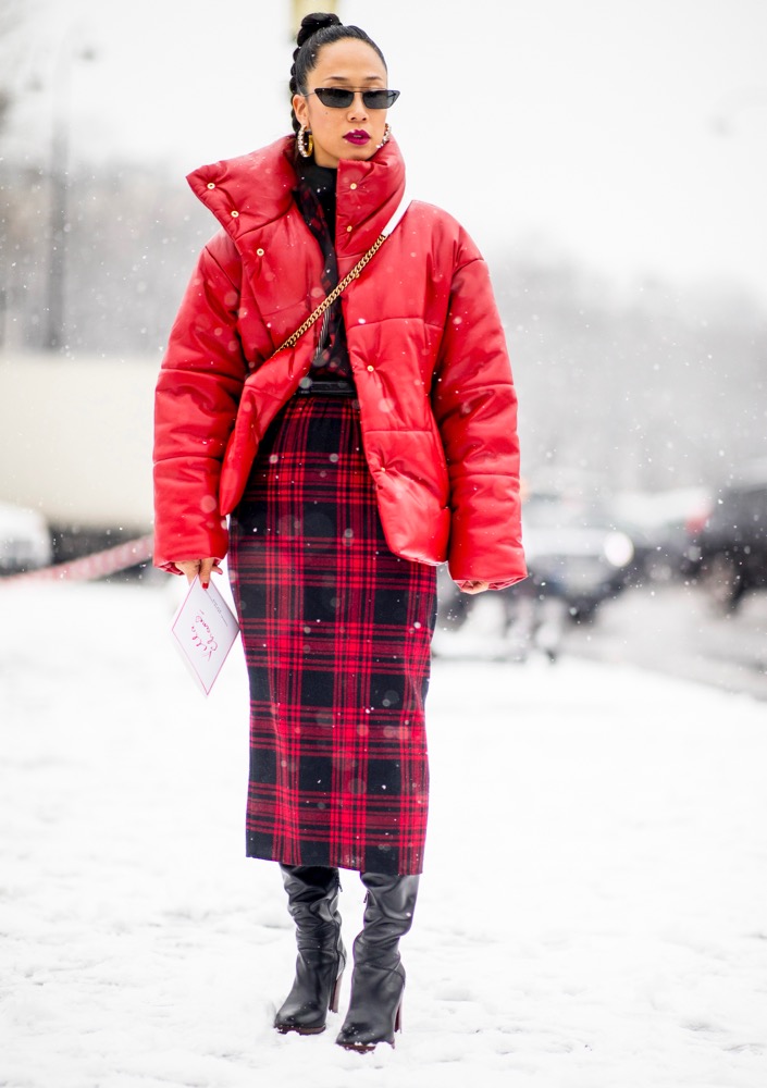 Playful Red Puffer Jacket and Plaid Skirt — February Outfits