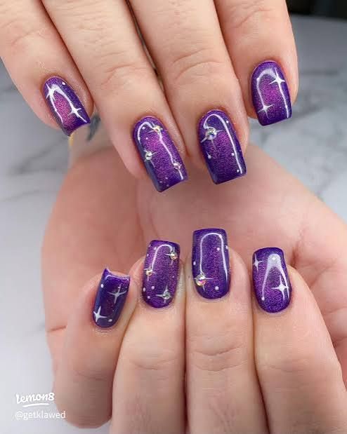 Short Square Deep Purple Star Constellations Short Square Deep Purple Star Constellations — Winter Purple Nails