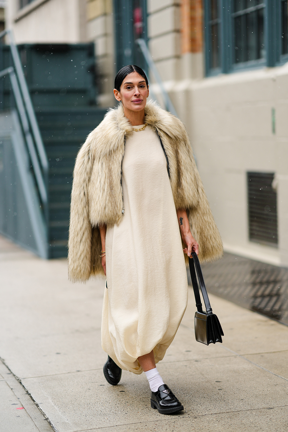 Oversized Beige Faux Fur Coat with Balloon Dress — Faux Fur Coat Outfits